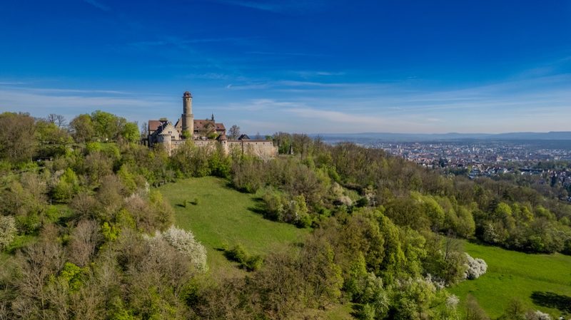 Die Altenburg auf ihrer bewaldeten Kuppe, dahinter Bamberg im Frühlingsdunst. 15. April 2025.