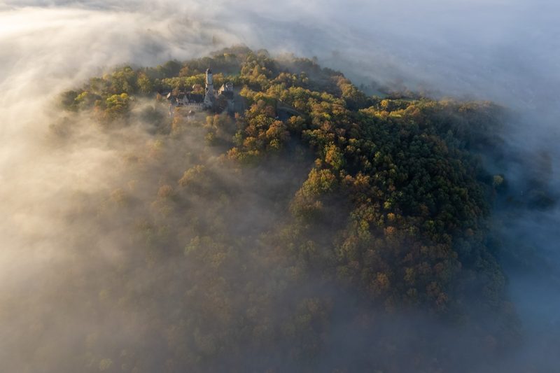 Die Altenburg auf ihrem Bergrücken über dem Talnebel, ringsum die Herbstfärbung des Bergwaldes. 27. Oktober 2022.