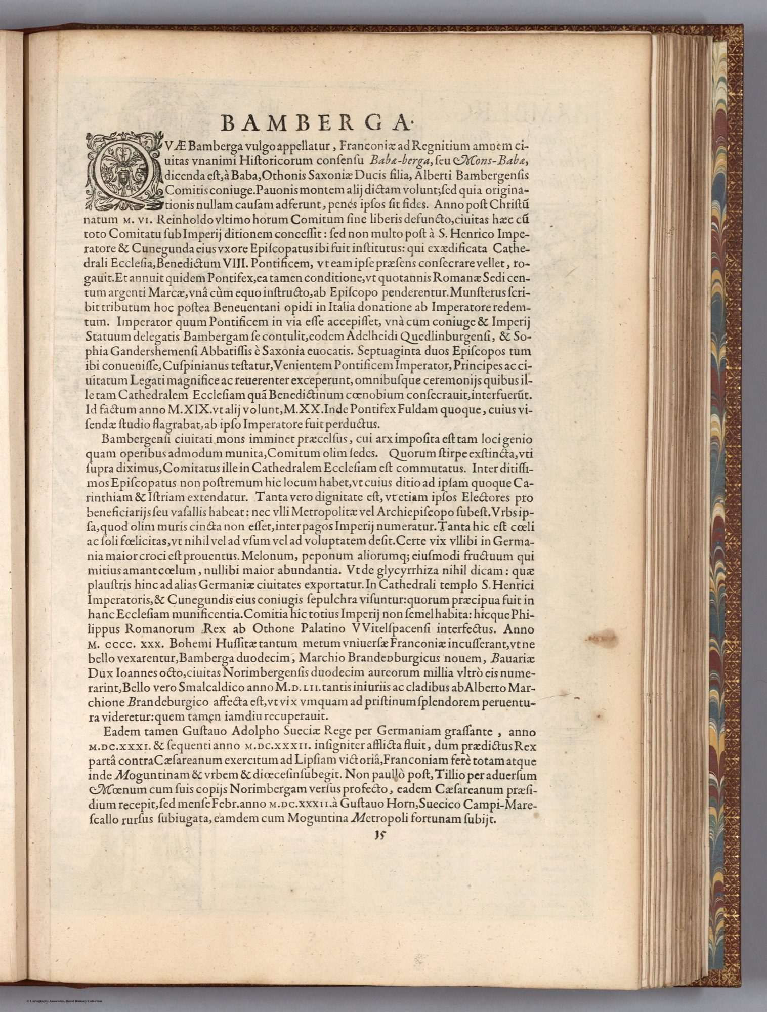 Textseite »BAMBERGA« aus Vol. VI der Civitates, Peter von Brachel, Köln 1635. Enthält die etymologische Herleitung des Stadtnamens, die Bistumsgründung 1006/1019, den Passus über die Burg als Grafensitz und die politische Geographie Bambergs im frühen 17. Jahrhundert. Reproduktion: David Rumsey Map Collection, List-No 12126.664 (CC BY-NC-SA 3.0).