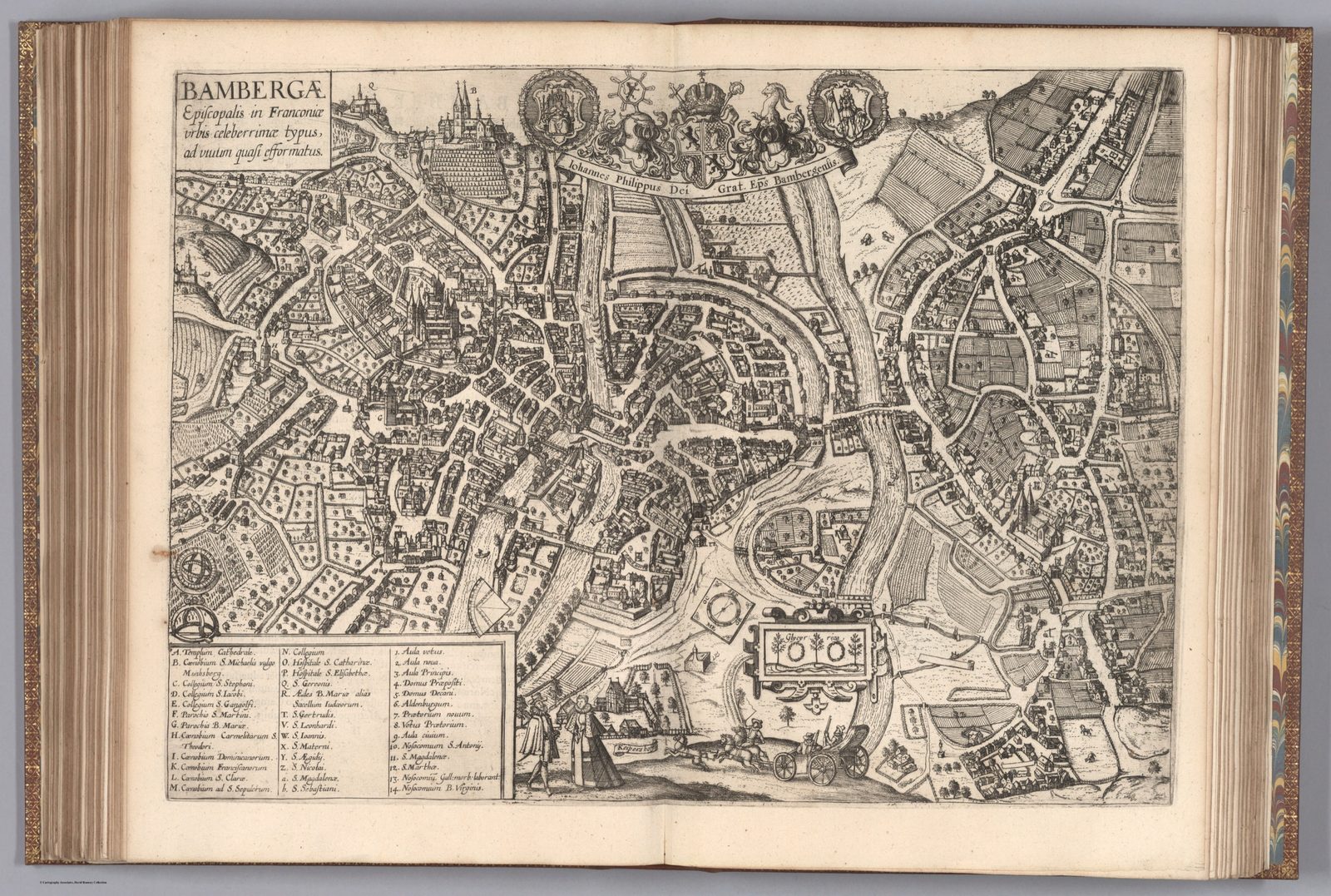 Georg Braun und Franz Hogenberg: Civitates Orbis Terrarum, Vol. VI (1617/1618), Blatt 15 »BAMBERGAE Episcopalis in Franconiae urbis celeberrimae typus« mit lateinischem Begleittext