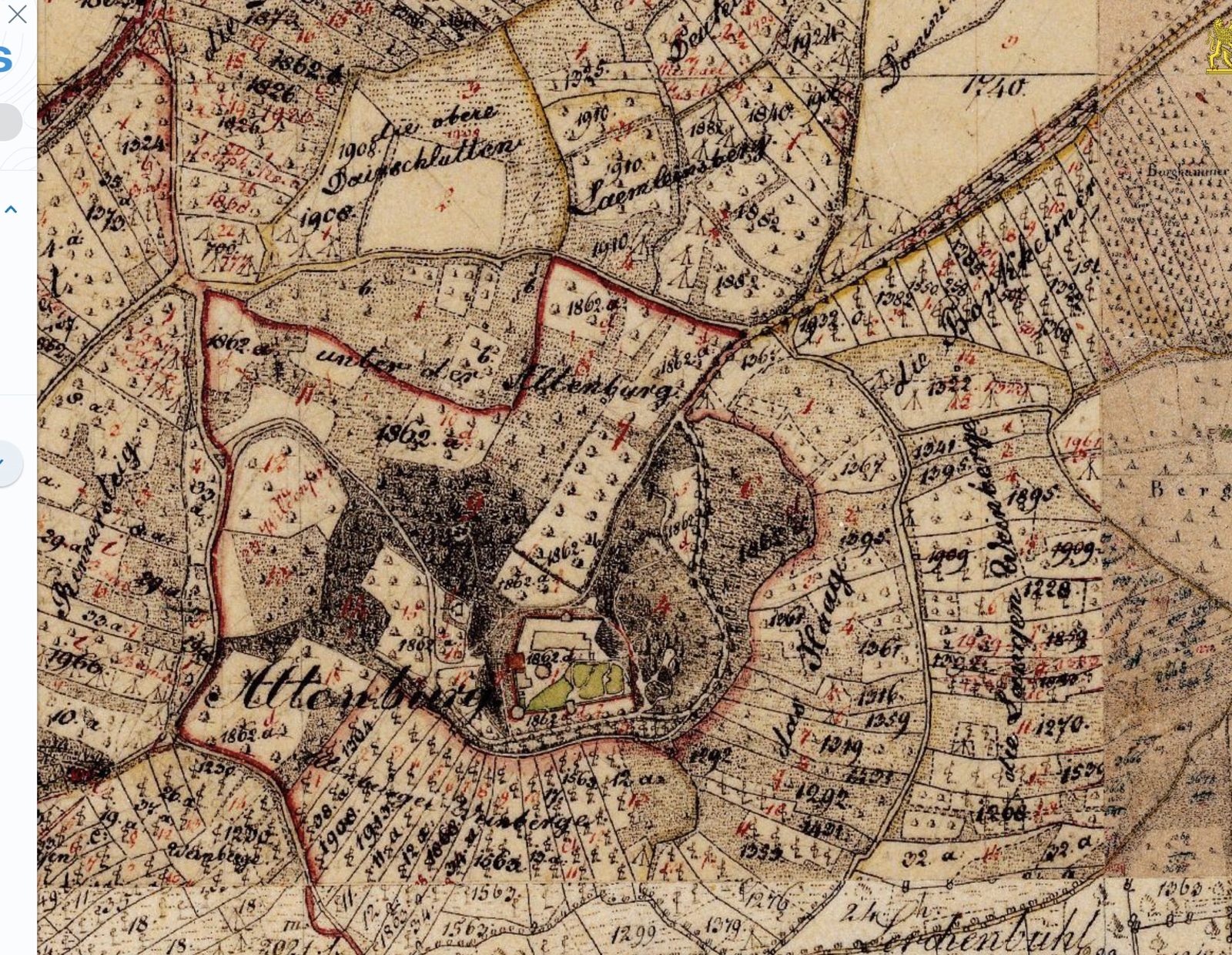 Bayerische Uraufnahme um 1820, Kartenausschnitt um die Altenburg