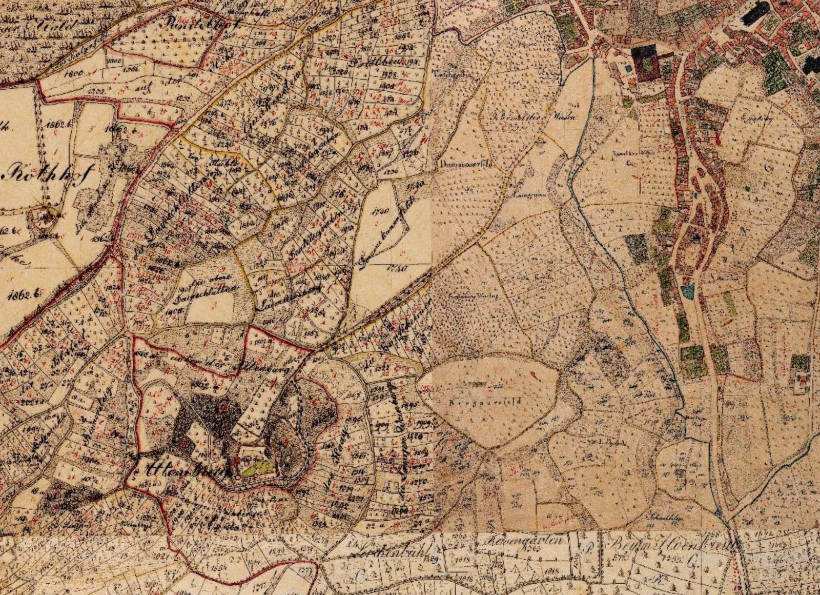 Bayerische Uraufnahme um 1820, Ausschnitt mit der Aufstiegsachse von der Bamberger Stadtkante zur Altenburg. Sichtbar sind der Wegverlauf, die ersten Allee-Bäume, die Flurnutzung als Weinberg, Hopfengarten und Obstplantage sowie das einzige Gebäude entlang der späteren Altenburger Straße auf Höhe der heutigen Ziegelgasse 6.