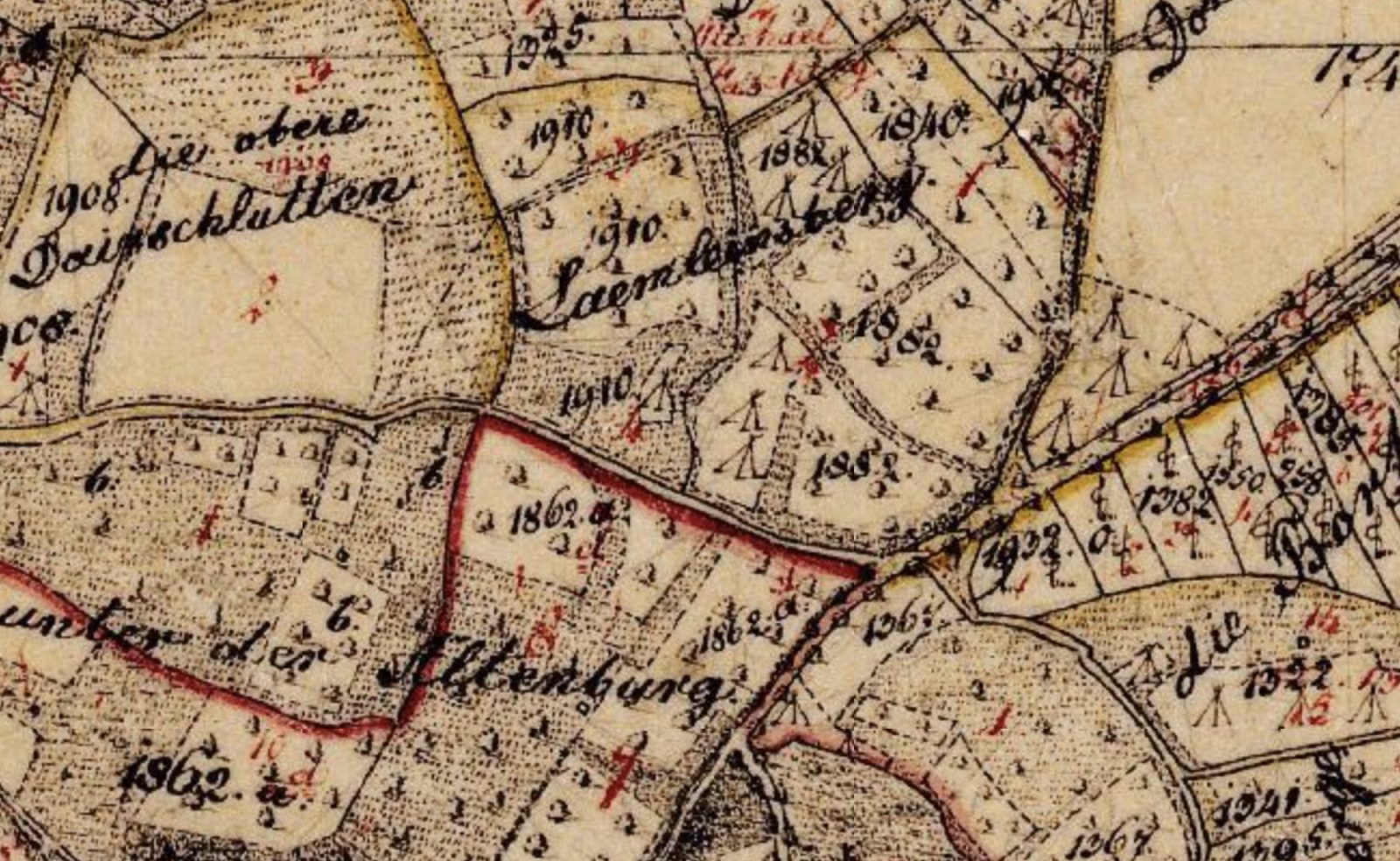 Detailausschnitt der Uraufnahme, Flurname 'unter der Altenburg' und Wegverlauf