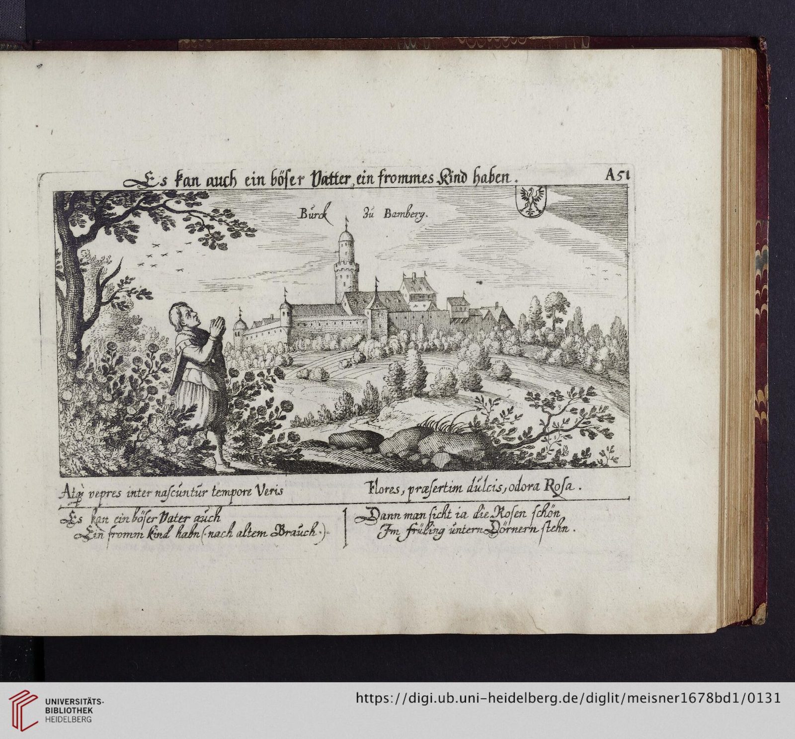 Daniel Meisner, „Burck zu Bamberg". Kupferstich aus dem Thesaurus Philopoliticus / Sciographia Cosmica (Erstedition 1623, Edition Frankfurt 1678)