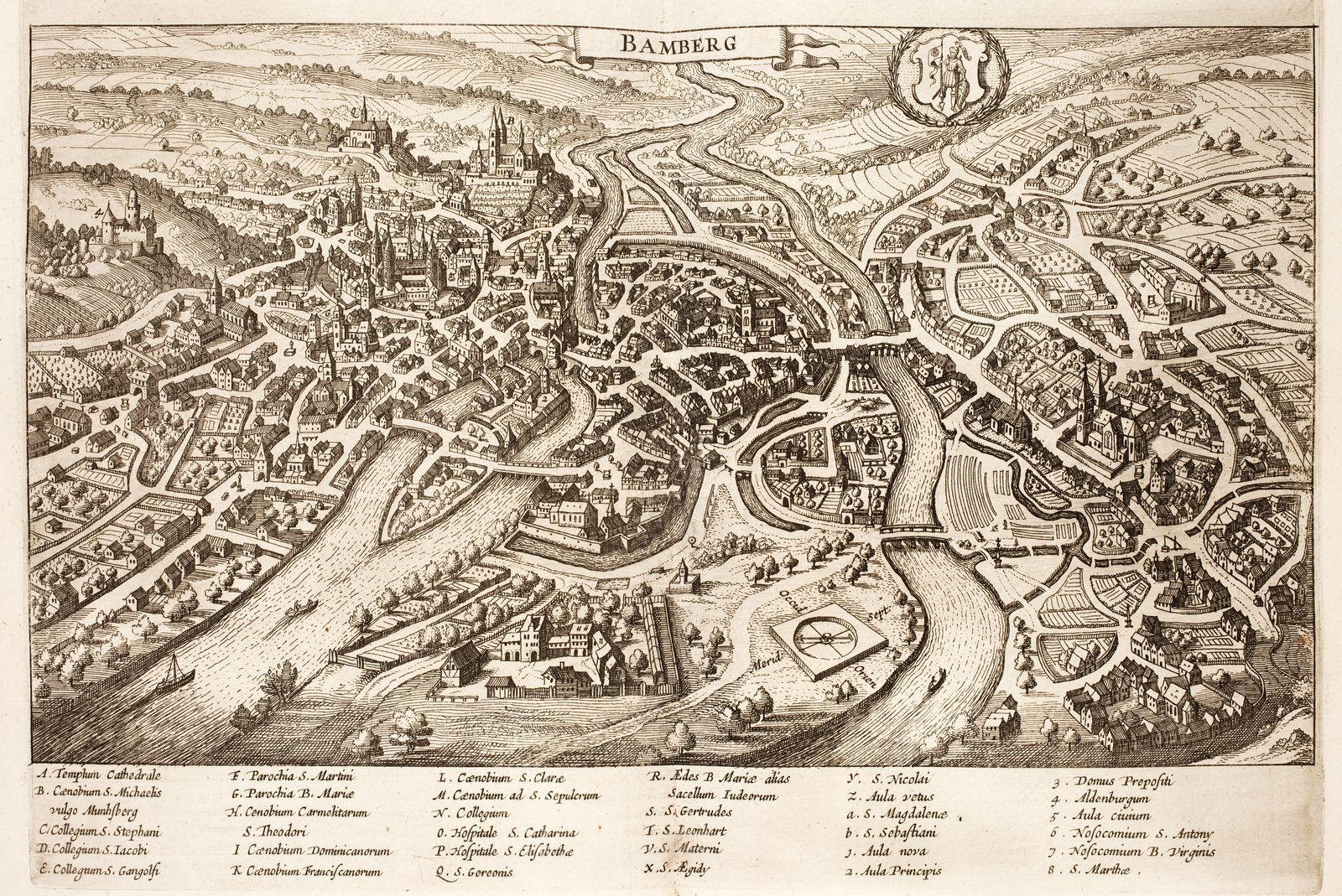 Kupferstich der Bamberg-Vogelschau von Matthäus Merian d. Ä., Amsterdam 1642, mit Altenburg links unten als Nr. 4.