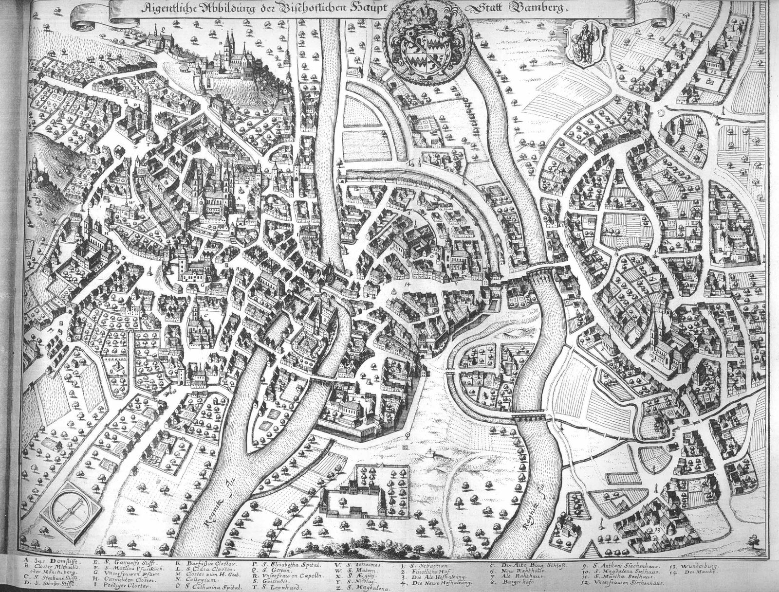 Kupferstich der Bamberg-Vedute von Matthäus Merian d. Ä. aus der Topographia Franconiae, Frankfurt 1648.