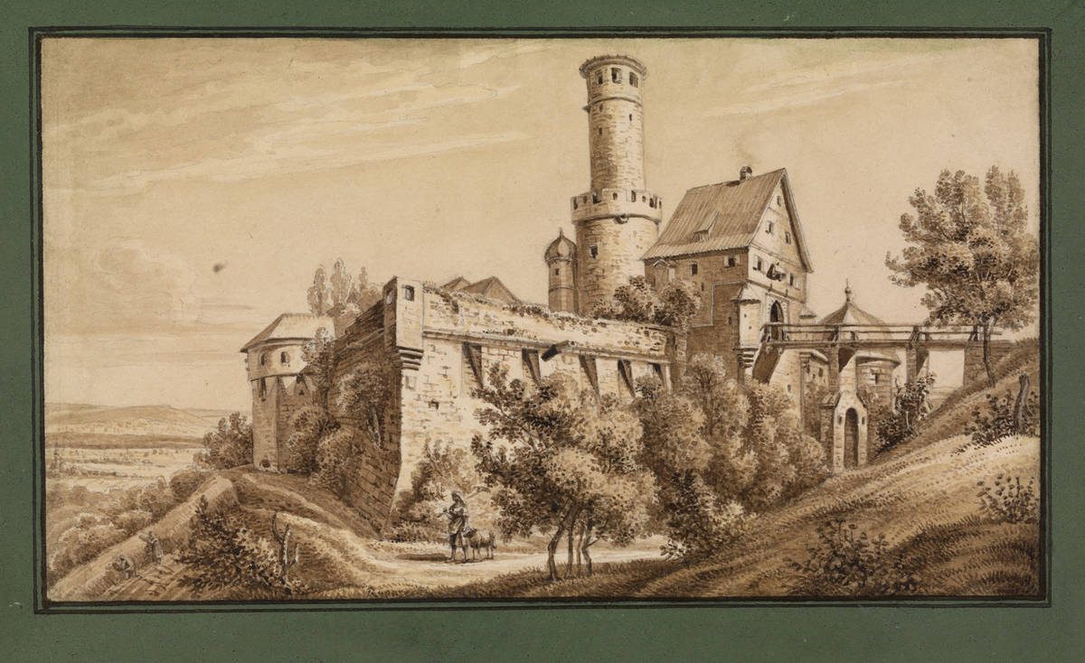 Sepia-Zeichnung der Altenburg auf dem Burgberg über Bamberg, Friedrich Carl Rupprecht um 1827.