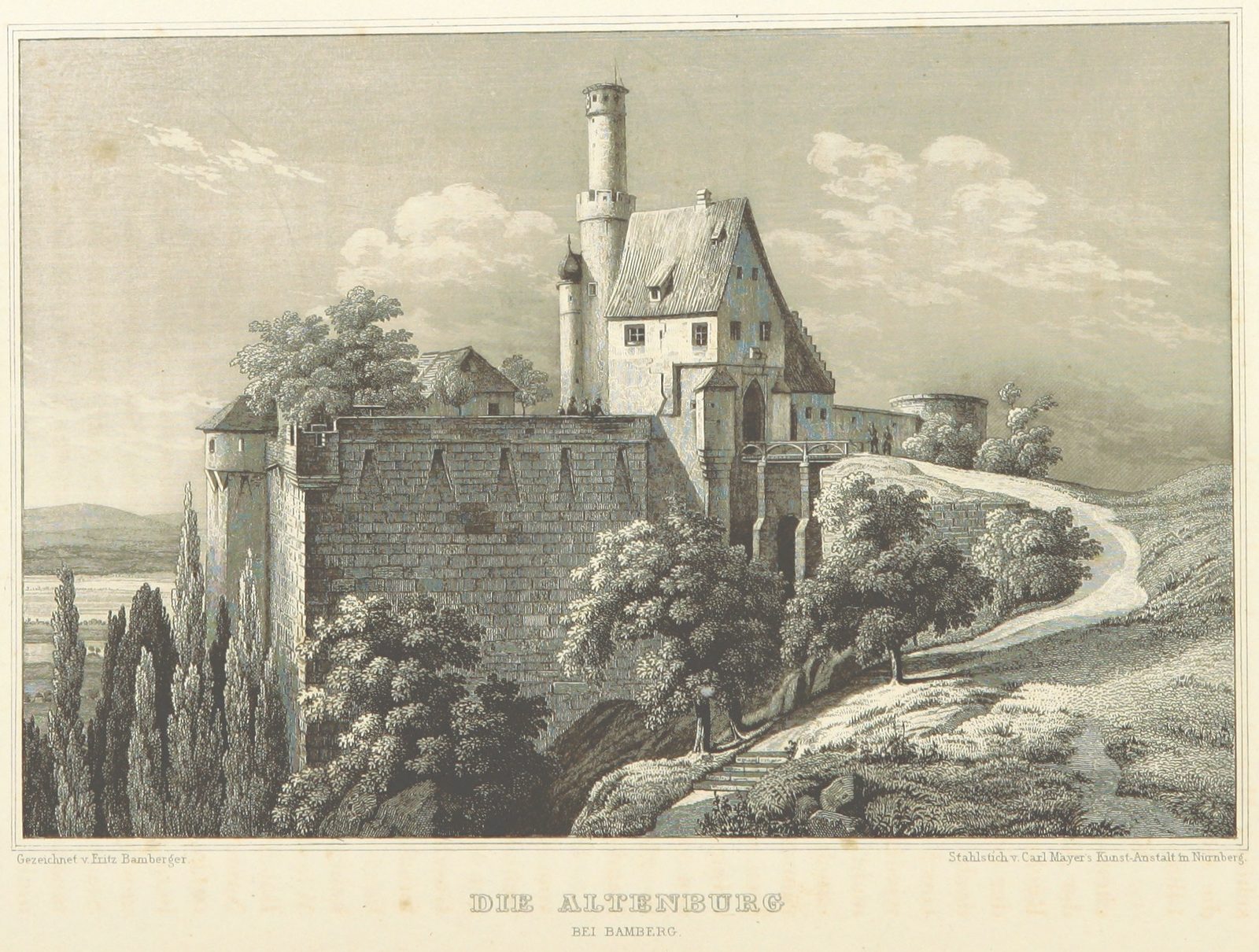 Stahlstich der Altenburg nach Fritz Bamberger, aus Ludwig Braunfels „Die Mainufer", Würzburg 1847.
