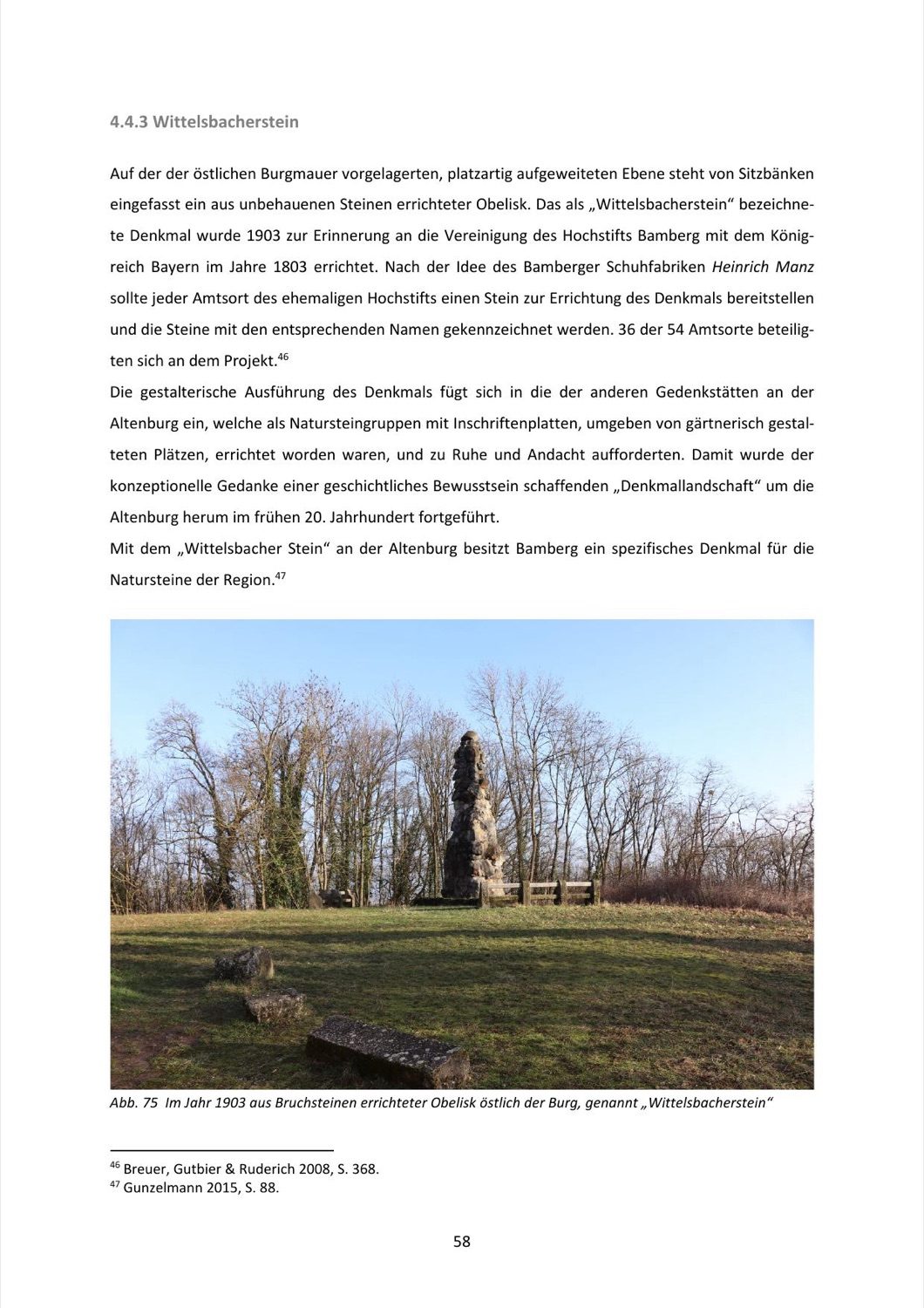 Seite 58 des Gutachtens, Sektion 4.4.3 Wittelsbacherstein, mit Foto des 1903 errichteten Obelisken östlich der Burg