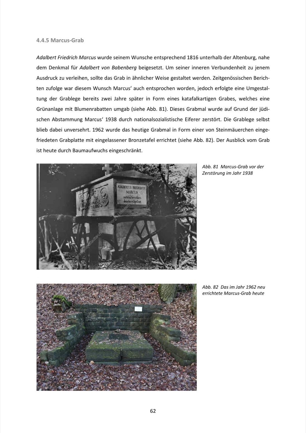 Seite 62 des Gutachtens, Sektion 4.4.5 Marcus-Grab, mit zwei Fotos: das katafalkartige Grab vor der NS-Zerstörung 1938 und die heutige Grabplatte von 1962